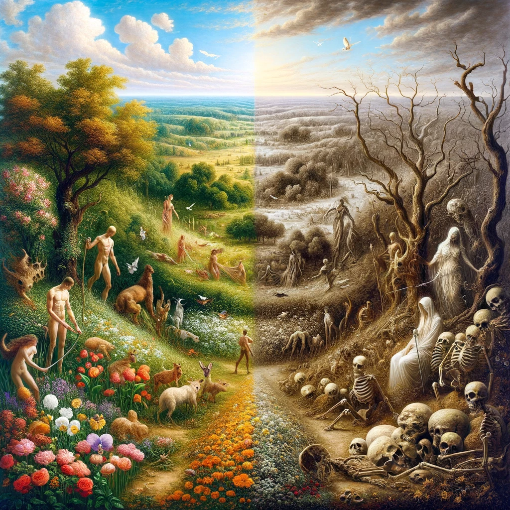 DALL·E 2024-03-27 19.32.41 - Create an oil painting in the style of the 19th century, depicting the duality of 'Life and Death'. The scene is balanced, with 'Life' represented on .webp